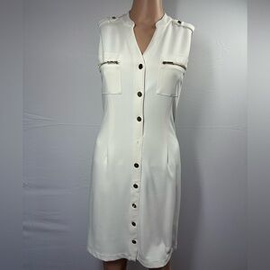 Dkny Sleeveless White Button-Front Midi Dress with Gold Zippers